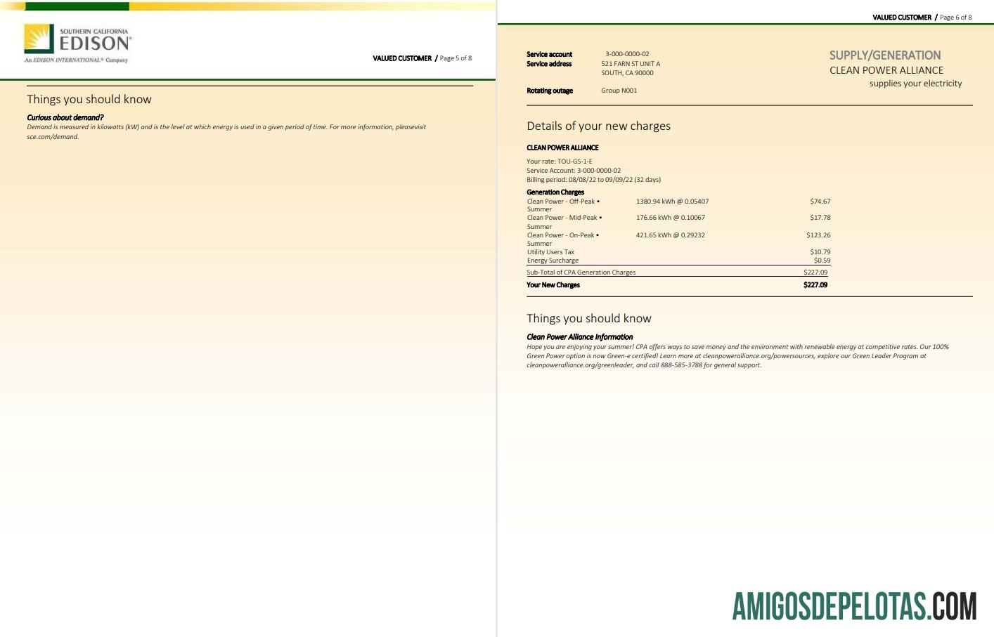 realista Conta de serviços públicos EDISON do sul da Califórnia dos EUA, modelo Word e PDF, 8 páginas 5 6